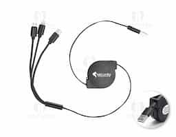 Cabo USB retrátil com as entradas Lightning/iPhone, V8/Android e Tipo-C/Android. Suporte com rolamento e trava automática. Suporte com frente lisa e parte traseira com área para aplicação de adesivo ou etiqueta resinada.