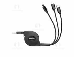 Cabo USB retrátil com as entradas Lightning/iPhone, V8/Android e Tipo-C/Android. Suporte com rolamento e trava automática. Suporte com frente lisa e parte traseira com área para aplicação de adesivo ou etiqueta resinada.