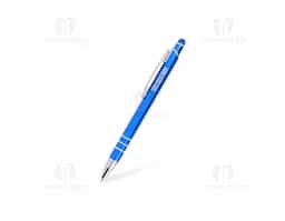 Caneta metálica com acionador touch, clipe metálico e ponteira plástica. Carga esferográfica azul 1.0mm e acionamento por clique