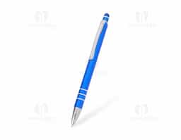 Caneta metálica com acionador touch, clipe metálico e ponteira plástica. Carga esferográfica azul 1.0mm e acionamento por clique