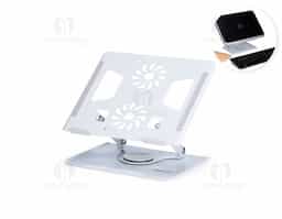 Suporte articulado para notebook com ajuste de ângulo e rotação. Em aço, oferece ergonomia, dissipação de calor e tiras antiderrapantes para uso seguro em casa, trabalho ou escola.