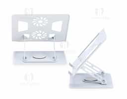 Suporte articulado para notebook com ajuste de ângulo e rotação. Em aço, oferece ergonomia, dissipação de calor e tiras antiderrapantes para uso seguro em casa, trabalho ou escola.