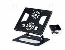 Suporte de aço articulado para notebook com ajuste de ângulo, tiras antiderrapantes e aberturas para ventilação. Oferece conforto e ergonomia em casa, no trabalho ou na escola.
