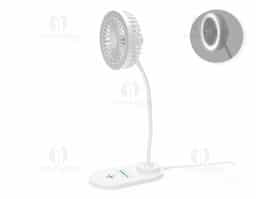 Ventilador com luminária e carregamento por indução. Possui 3 níveis de ventilação e iluminação com 17 LEDs de luz fria, ideal para ambientes de estudo ou trabalho. Fabricado em plástico, com base inteligente para carregamento de celulares por indução. Funciona conectado à energia. Acompanha cabo USB Tipo-C.