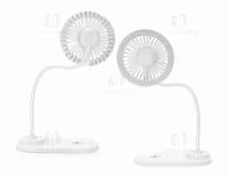 Ventilador com luminária e carregamento por indução. Possui 3 níveis de ventilação e iluminação com 17 LEDs de luz fria, ideal para ambientes de estudo ou trabalho. Fabricado em plástico, com base inteligente para carregamento de celulares por indução. Funciona conectado à energia. Acompanha cabo USB Tipo-C.