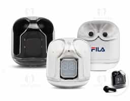 Fone de ouvido Bluetooth TWS com comando touch e case carregador à prova dágua. Possui display de bateria. Material plástico. Acompanha cabo USB Tipo-C.