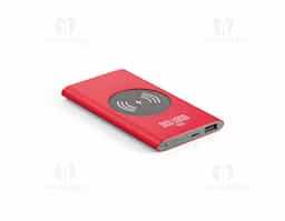 Bateria portátil com carregador wireless em alumínio 100% reciclado. Bateria de polímero de lítio com capacidade de 4.000 mAh e tempo de vida de = 500 ciclos. Com LED indicador de carga, uma porta de entrada USB-C, uma porta de saída USB-A e potência de carregamento sem fios de 5W.