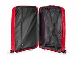 Mala de viagem rígida com capacidade de 95 litros, feita em plástico resistente. Conta com cadeado numérico TSA, compartimentos internos com bolso telado e cinta compressora. Possui duas alças de mão, puxador retrátil ajustável, quatro rodas 360° e apoios laterais. Acompanha placa para personalização.