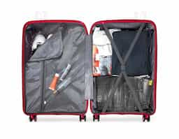 Mala de viagem rígida com capacidade de 95 litros, feita em plástico resistente. Conta com cadeado numérico TSA, compartimentos internos com bolso telado e cinta compressora. Possui duas alças de mão, puxador retrátil ajustável, quatro rodas 360° e apoios laterais. Acompanha placa para personalização.