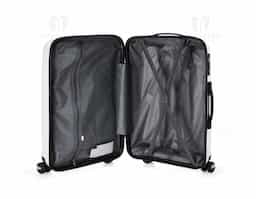 Mala de viagem 64 litros em plástico (casca dura), contém cadeado numérico TSA. Compartimentos com bolso telado e cinta compressora para roupas. A mala possui duas alças de mão, puxador retrátil com regulagem de tamanho, quatro rodinhas 360º e apoios laterais. Acompanha placa para personalização.