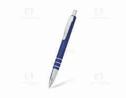 Caneta metálica com acabamento fosco, clipe metálico e ponteira plástica. Carga esferográfica azul 1.0mm e acionamento por clique.