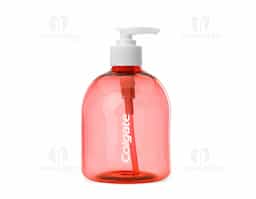 Frasco 480ml produzido em plástico colorido, tampa rosquável com válvula pump e trava de segurança, basta pressionar e girar a parte superior para travar o produto.