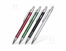 Caneta metálica com acabamento refinado e detalhes em cristal que conferem um toque de sofisticação. Possui carga esferográfica azul e acionamento por clique, unindo elegância e praticidade em um único acessório. Ideal para brindes corporativos ou uso pessoal com estilo.