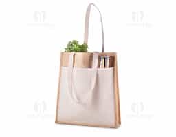 Sacola ecológica em juta 360g/m² com bolso frontal e alças em algodão cru. Base reforçada e acabamento rústico para brindes sustentáveis e versáteis.