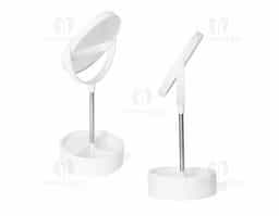 Espelho de mesa dupla face giratório com design moderno e funcional. Com base e moldura de plástico e pedestal de alumínio, ele é fácil de montar e adequa-se bem a qualquer ambiente. Sua base contém três divisórias para guardar objetos diversos.