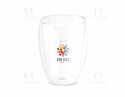 Copo em vidro borossilicato com parede dupla, isolada a ar. Capacidade até 350 mL. Fornecido em caixa presente personalizável. Certificação EU Food Grade.