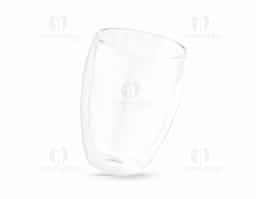 Copo em vidro borossilicato com parede dupla, isolada a ar. Capacidade até 350 mL. Fornecido em caixa presente personalizável. Certificação EU Food Grade.