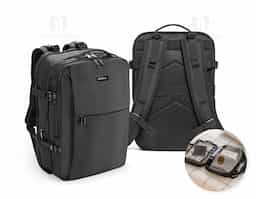 Mochila de viagem em poliéster reciclado 600D com acabamento repelente à água e forro em poliéster reciclado 210D. Possui três compartimentos principais: traseiro com bolsos para notebook até 17.3" e tablet até 10.1", central expansível para roupas e frontal com divisórias internas. Conta com três bolsos externos, dois com forro em PEVA, placa metálica removível, alças ajustáveis, cintas de compressão, pegas almofadadas e alça para trolley. Capacidade até 29 L.
