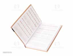 Agenda diária modelo 2026 de capa dura em kraft e marcador de páginas em fita de cetim. Apresenta páginas dedicadas à dados pessoais, calendários de 2025 até 2027, orçamentos pessoais, anotações, planejamento mensal, endereços de contato e mapas.