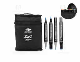Um kit com 36 canetas marcadoras com pontas duplas: uma fina e outra chanfrada grossa. Cada uma das canetas possui corpo leve em plástico, projetado com foco na ergonomia, o que torna seu manuseio simples e agradável até mesmo em períodos prolongados. Este é um conjunto que, através de toda a sua versatilidade com as pontas e a variedade de cores, traz todas as possibilidades criativas para pintar, desenhar, escrever ou marcar textos. Acompanham bolsa para facilitar o transporte do kit.
