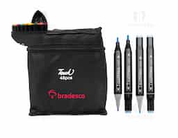 Um kit com 48 canetas marcadoras com pontas duplas: uma fina e outra chanfrada grossa. Cada uma das canetas possui corpo leve em plástico, projetado com foco na ergonomia, o que torna seu manuseio simples e agradável até mesmo em períodos prolongados. Este é um conjunto que, através de toda a sua versatilidade com as pontas e a variedade de cores, traz todas as possibilidades criativas para pintar, desenhar, escrever ou marcar textos. Acompanham bolsa para facilitar o transporte do kit.