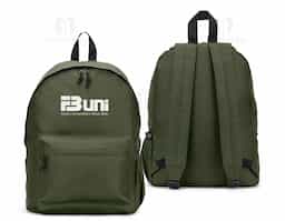 Mochila em poliéster reciclado 600D com forro 210D, ideal para ações sustentáveis. Conta com compartimento principal amplo, bolso frontal, bolso lateral para squeeze e alça superior em webbing. Capacidade de até 18L. Brinde corporativo funcional e com apelo ecológico.
