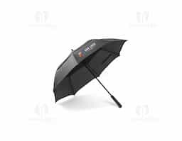 Guarda-chuva 27.5" em poliéster reciclado rPET 190T, com pega em ABS 35% reciclado. Estrutura em fibra de vidro, com abertura automática e sistema à prova de vento. Brinde corporativo sofisticado e sustentável, ideal para destacar sua marca com responsabilidade.