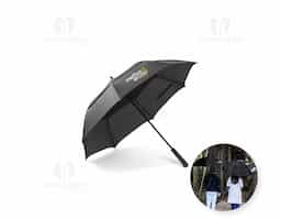 Guarda-chuva 27.5" em poliéster reciclado rPET 190T, com pega em ABS 35% reciclado. Estrutura em fibra de vidro, com abertura automática e sistema à prova de vento. Brinde corporativo sofisticado e sustentável, ideal para destacar sua marca com responsabilidade.