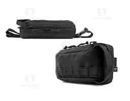 Pochete em poliéster reciclado 600D com forro 210D, resistente e sustentável. Conta com compartimento principal amplo, bolso extra e tiras multifuncionais frontais. Alça ajustável para uso à cintura ou a tiracolo. Brinde corporativo moderno, prático e ecológico.