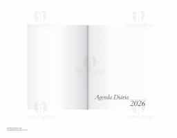 Agenda diária 2026 com capa em couro sintético e marca-páginas em fita de cetim. Contém páginas dedicadas para dados pessoais, calendários de 2025 a 2027, lista de contatos, planejamento e mapas.