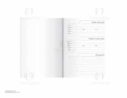 Agenda diária 2026 com capa em couro sintético e marca-páginas em fita de cetim. Contém páginas dedicadas para dados pessoais, calendários de 2025 a 2027, lista de contatos, planejamento e mapas.