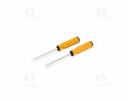 Kit de ferramentas com duas chaves: uma chave de fenda e outra Phillips, ambas com cabo emborrachado ergonômico e ponta metálica. Acompanha estojo plástico com espuma removível para acomodar as ferramentas.