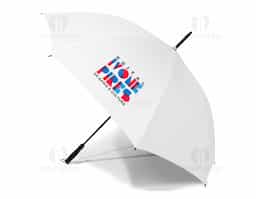 Guarda-chuva em poliéster com abertura automática, estrutura metálica reforçada de oito varetas e pegador em plástico anatômico. Possui alça de nylon fixa na extremidade, garantindo praticidade no transporte. Um brinde elegante e funcional que oferece proteção e destaca sua marca em qualquer ocasião.