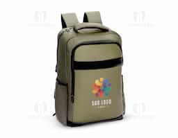 Mochila confeccionada em couro sintético impermeável, com fechamento em zíper e capacidade de até 21 litros. Conta com divisória interna para notebooks de até 15,3 polegadas e entrada para cabo USB. Possui cinco compartimentos externos, sendo um bolso frontal, outro com divisórias internas, dois bolsos laterais abertos e bolso antifurto traseiro. Dispõe ainda de alça de mão, duas alças para as costas com engate para malas de viagem e costas acolchoadas em tecido respirável. Acompanha placa metálica para personalização.