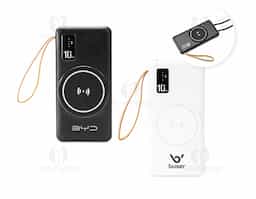 ower Bank em plástico com capacidade de 10.000mAh. Possui quatro cabos integrados com saídas para Lightning, USB-C, Micro-USB e USB, além de área de recarga por indução magnética para dispositivos compatíveis e lanterna de LED. Conta ainda com entradas USB-A e USB-C para recarga do próprio aparelho e alça de tecido sintético para transporte.
