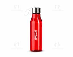 Garrafa plástica com capacidade máxima de 615ml e marcação de volume de 600ml. Possui tampa rosqueável em alumínio com alça de nylon para transporte.