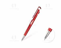 Caneta plástica com ponta metálica, acionamento por clique e abertura que funciona como suporte de celular. Possui ponteira com revestimento em feltro para limpeza de telas e carga esferográfica azul de 1.0mm.