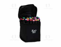 Kit com 30 canetas marcadoras feitas em plástico com pontas duplas: uma fina e outra chanfrada. Acompanham bolsa com alça e fechamento em zíper para transporte.