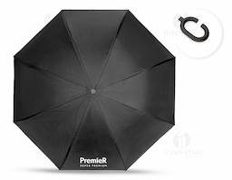 Guarda chuva de abertura invertida manual em nylon impermeável com uma camada interna de forro. Possui estrutura metálica com oito varetas, além de pegador em plástico fosco no formato de C, botão para fechamento e fita com ponta em velcro para lacre.