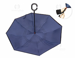 Guarda chuva de abertura invertida manual em nylon impermeável com uma camada interna de forro. Possui estrutura metálica com oito varetas, além de pegador em plástico fosco no formato de C, botão para fechamento e fita com ponta em velcro para lacre.