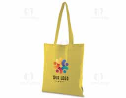 Bolsa confeccionada em algodão sólido reciclado, com gramatura de 140g/m², dimensões de 42 x 38 cm e alça de comprimento fixo medindo 33 cm.