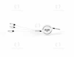 Cabo USB retrátil 3 em 1 com extensão máxima de 1m. Possui conectores USB-C, Micro USB e Lightning em uma extremidade e conector USB-A na outra. Observação: cabo destinado apenas à recarga; não realiza transferência de dados.