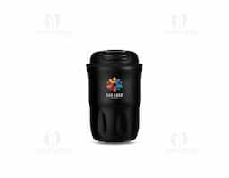 Copo térmico em inox com pintura eletrostática, base antiderrapante e capacidade máxima de 350ml. Conta ainda com tampa rosqueável em plástico com trava de segurança e acesso para alças. Acompanha alça em nylon com detalhe em couro sintético.