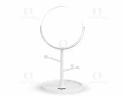 Espelho de mesa dupla face sem aumento. Possui estrutura em plástico com ganchos laterais e base circular para guardar pequenos objetos.