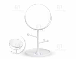 Espelho de mesa dupla face sem aumento. Possui estrutura em plástico com ganchos laterais e base circular para guardar pequenos objetos.