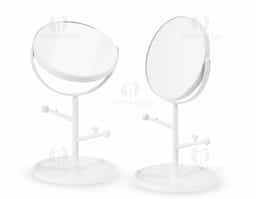Espelho de mesa dupla face sem aumento. Possui estrutura em plástico com ganchos laterais e base circular para guardar pequenos objetos.